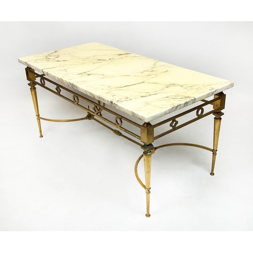 173 - LOW TABLE, 1960's French, rectangular brass frame with variegated marble top, 46cm H x 99cm x 49cm.