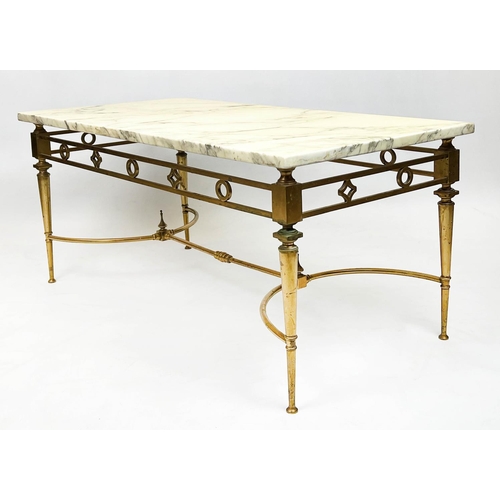 173 - LOW TABLE, 1960's French, rectangular brass frame with variegated marble top, 46cm H x 99cm x 49cm.