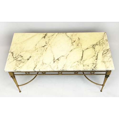 173 - LOW TABLE, 1960's French, rectangular brass frame with variegated marble top, 46cm H x 99cm x 49cm.