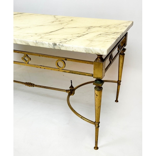 173 - LOW TABLE, 1960's French, rectangular brass frame with variegated marble top, 46cm H x 99cm x 49cm.