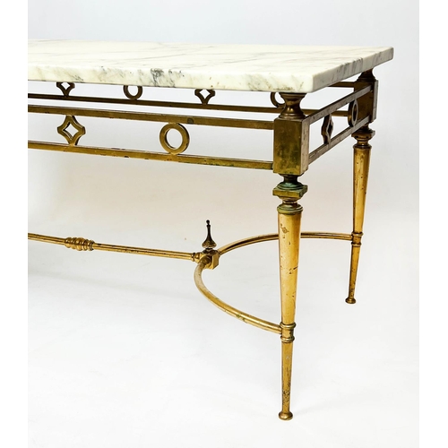 173 - LOW TABLE, 1960's French, rectangular brass frame with variegated marble top, 46cm H x 99cm x 49cm.