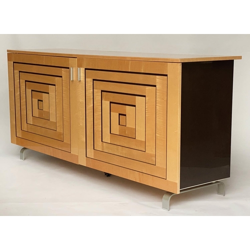 287 - SIDEBOARD, Art Deco style satinwood, with two geometric incised panelled doors.