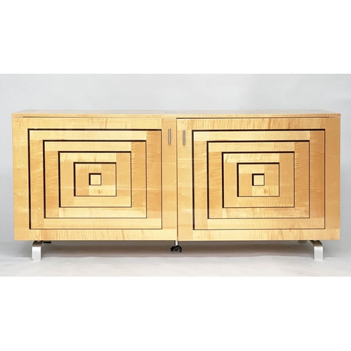 287 - SIDEBOARD, Art Deco style satinwood, with two geometric incised panelled doors.