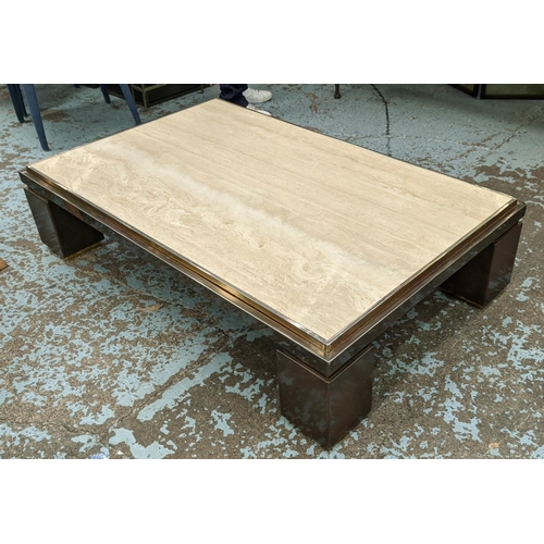 300 - COCKTAIL TABLE, 85cm x 137cm x 35cm H, travertine top on a metal base.