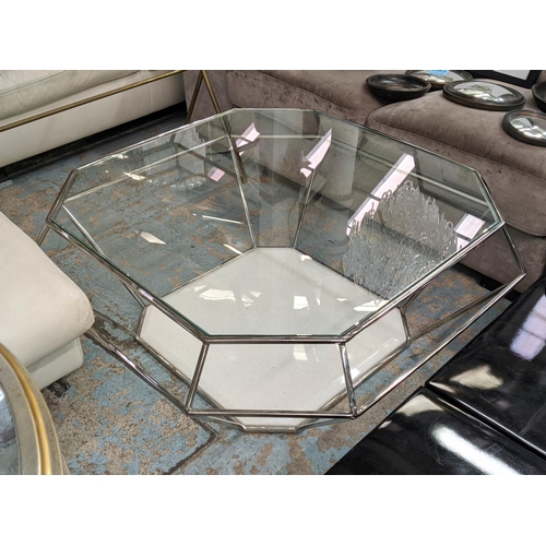 305 - LOW TABLE, 100cm x 100cm x 44cm H, cut diamond form design, glass top, polished metal base, marble b... 