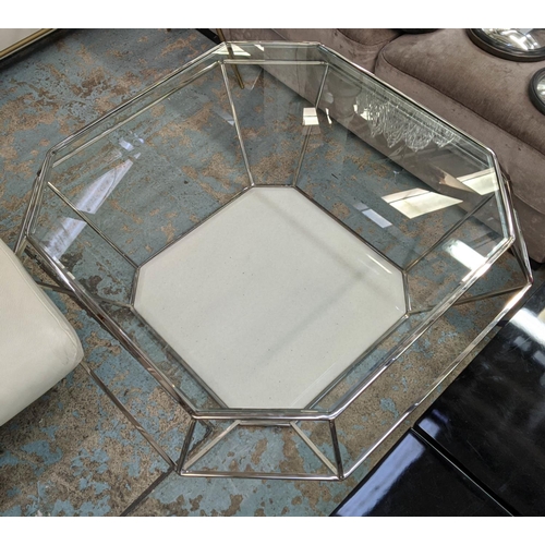 305 - LOW TABLE, 100cm x 100cm x 44cm H, cut diamond form design, glass top, polished metal base, marble b... 