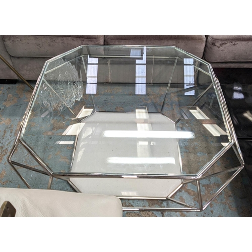 305 - LOW TABLE, 100cm x 100cm x 44cm H, cut diamond form design, glass top, polished metal base, marble b... 