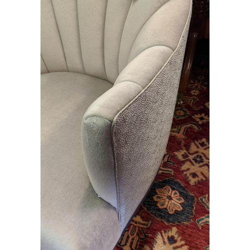 314 - ARMCHAIRS, a pair, velvet upholstered, scalloped backs, 80cm x 85cm x 90cm. (2)