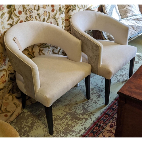 315 - ARMCHAIRS, a pair, neutral fabric upholstered with contrasting shimmering fabric detail, 63cm x 60cm... 