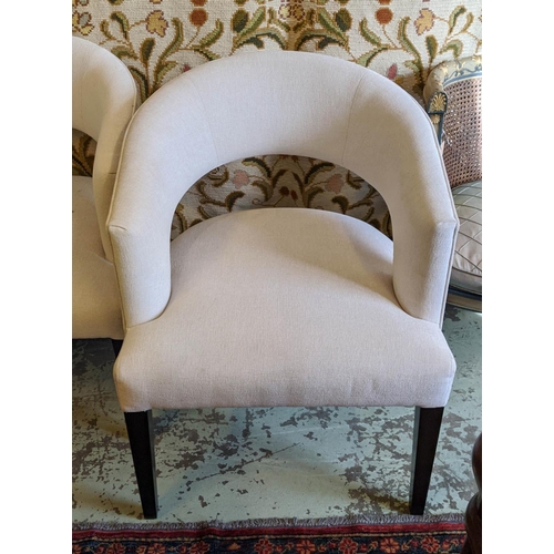 315 - ARMCHAIRS, a pair, neutral fabric upholstered with contrasting shimmering fabric detail, 63cm x 60cm... 