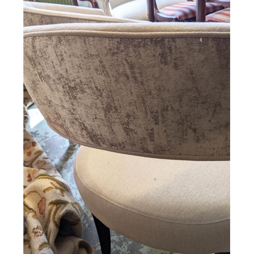 315 - ARMCHAIRS, a pair, neutral fabric upholstered with contrasting shimmering fabric detail, 63cm x 60cm... 