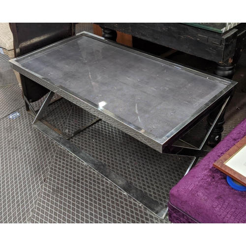 327 - COCKTAIL TABLE, 120.5cm x 51cm, faux shagreen top with glass cover, polished metal.