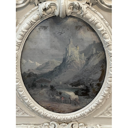 57 - 19TH CENTURY SWISS SCHOOL, 'View of the Valere Basilica', oil on panel, carved white painted decorat... 