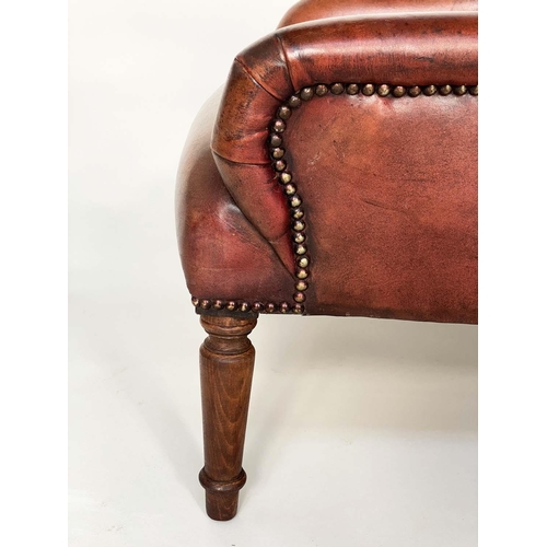 118 - LIBRARY CHAIR, Georgian style buttoned faded brown leather with turned front support, 67cm W.