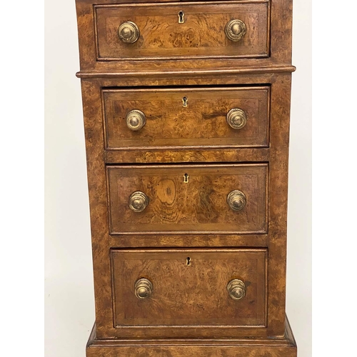 138 - BEDSIDE CHESTS, a pair, 19th century style burr walnut and crossbanded each with four drawers, 37cm ... 