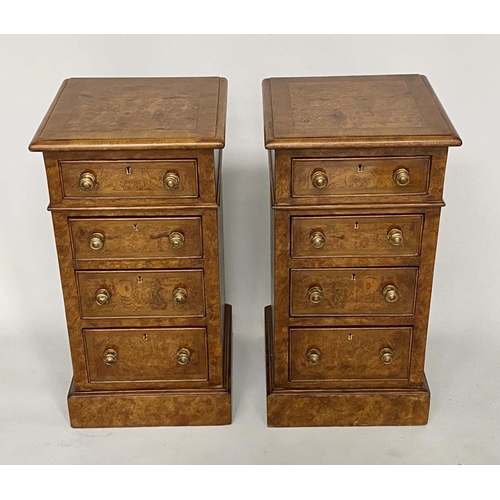 138 - BEDSIDE CHESTS, a pair, 19th century style burr walnut and crossbanded each with four drawers, 37cm ... 