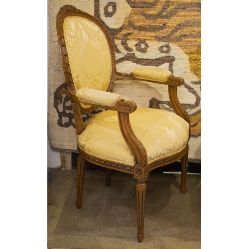 139 - FAUTEUILS, 102cm H x 65cm, a pair, Louis XVI style stained beechwood in gold damask. (2)