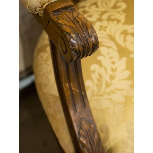 139 - FAUTEUILS, 102cm H x 65cm, a pair, Louis XVI style stained beechwood in gold damask. (2)