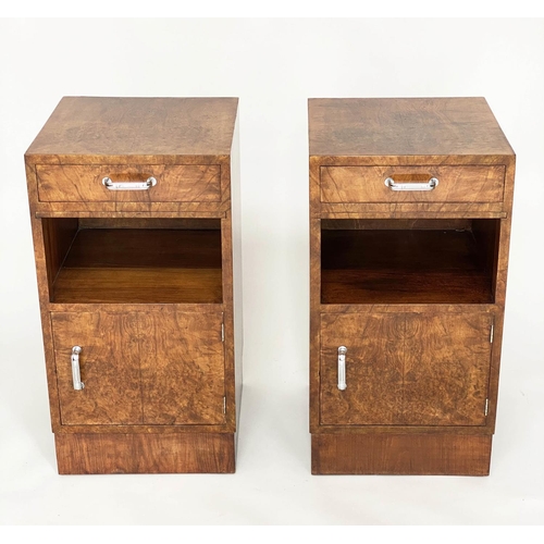 141 - ART DECO CABINETS, a pair, burr walnut and chromium mounted each with drawer and door, 43cm W x 38cm... 