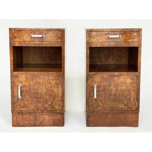 141 - ART DECO CABINETS, a pair, burr walnut and chromium mounted each with drawer and door, 43cm W x 38cm... 