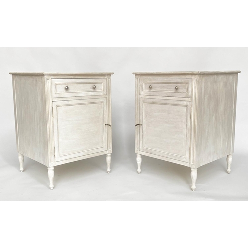 142 - CABINETS, a pair, French grey painted each with drawer, door and turned supports, 50cm x 50cm x 70cm... 