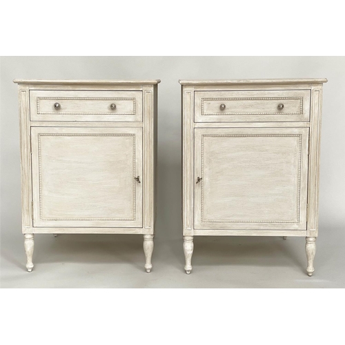 142 - CABINETS, a pair, French grey painted each with drawer, door and turned supports, 50cm x 50cm x 70cm... 