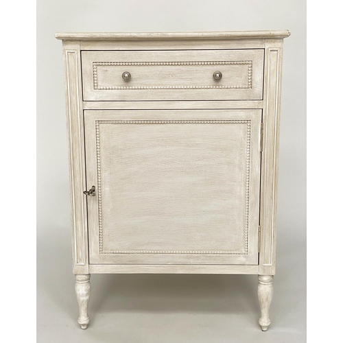 142 - CABINETS, a pair, French grey painted each with drawer, door and turned supports, 50cm x 50cm x 70cm... 