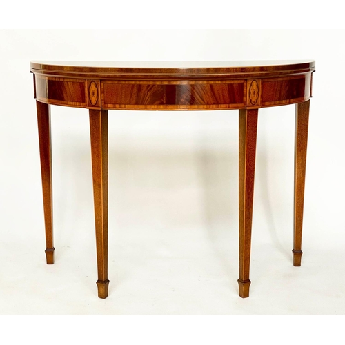 143 - TEA TABLE, George III design flame mahogany foldover demi lune and satinwood crossbanded with square... 