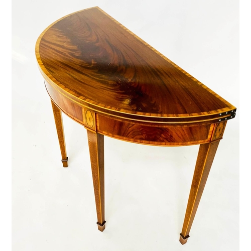 143 - TEA TABLE, George III design flame mahogany foldover demi lune and satinwood crossbanded with square... 