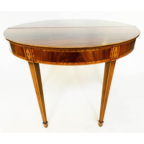 143 - TEA TABLE, George III design flame mahogany foldover demi lune and satinwood crossbanded with square... 