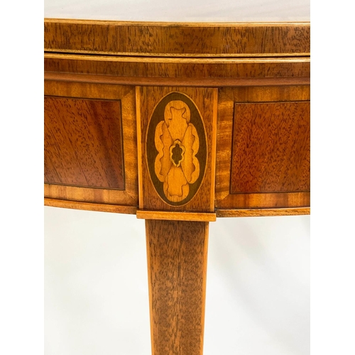 143 - TEA TABLE, George III design flame mahogany foldover demi lune and satinwood crossbanded with square... 