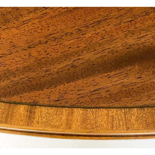 143 - TEA TABLE, George III design flame mahogany foldover demi lune and satinwood crossbanded with square... 