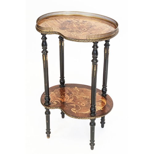 147 - ETAGERE, 77cm H x 46cm x 36cm, Napoleon III ebonised, marquetry and brass mounted of two kidney shap... 