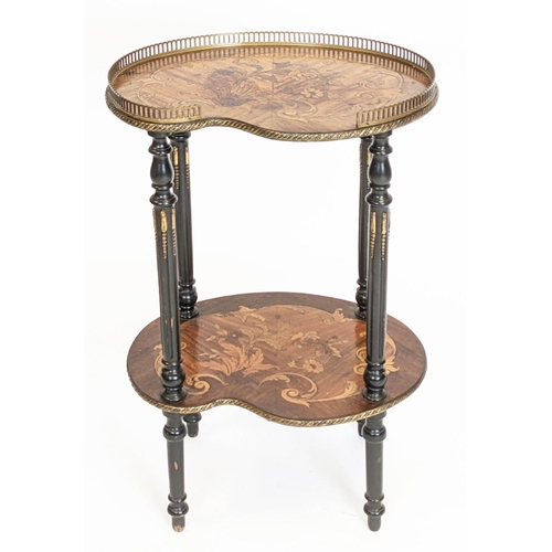 147 - ETAGERE, 77cm H x 46cm x 36cm, Napoleon III ebonised, marquetry and brass mounted of two kidney shap... 