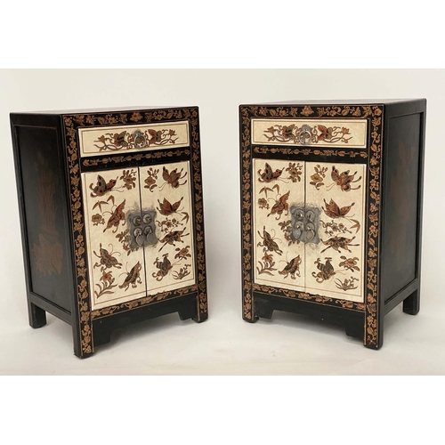 121 - CHINESE CABINETS, a pair, lacquered and gilt Chinoiserie decorated, each with drawer and pair of doo... 