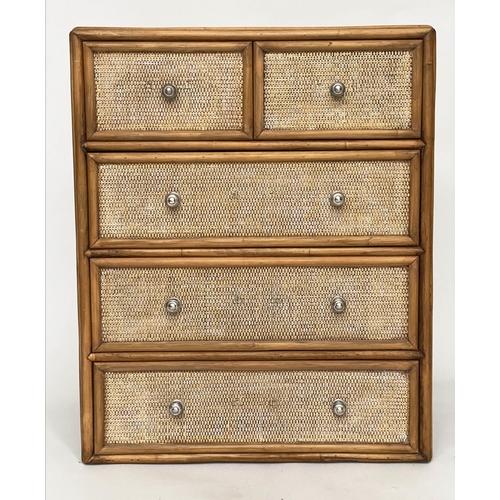 122 - BAMBOO CHEST, wicker panelled and cane bound with five drawers, 73cm W x 43cm D x 90cm H.