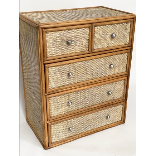 122 - BAMBOO CHEST, wicker panelled and cane bound with five drawers, 73cm W x 43cm D x 90cm H.