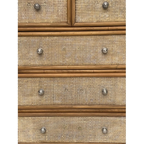 122 - BAMBOO CHEST, wicker panelled and cane bound with five drawers, 73cm W x 43cm D x 90cm H.