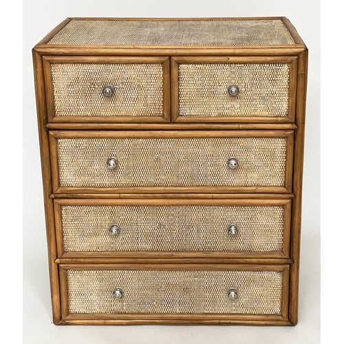 122 - BAMBOO CHEST, wicker panelled and cane bound with five drawers, 73cm W x 43cm D x 90cm H.