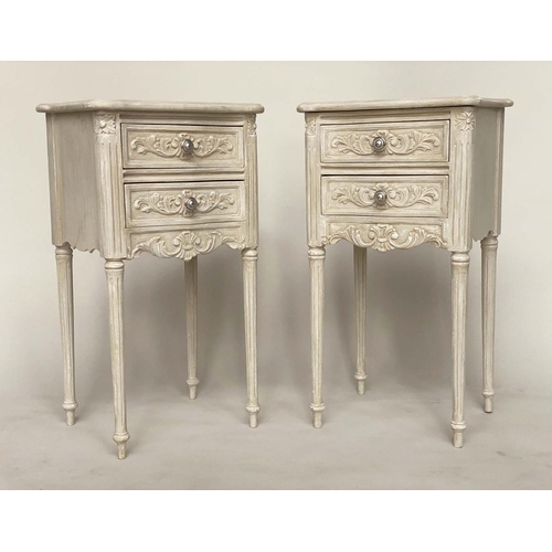 TABLES DE NUIT, a pair, early 20th century Louis XVI style carved and grey painted each with two drawers and fluted supports, 40cm W x 33cm D x 75cm H. (2)