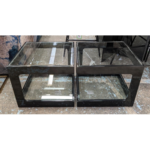 311 - SIDE TABLES, a pair, black lacquered, glass top and under tier, 50cm x 50cm x 42cm. (2)