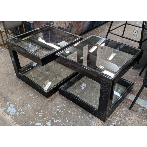 311 - SIDE TABLES, a pair, black lacquered, glass top and under tier, 50cm x 50cm x 42cm. (2)