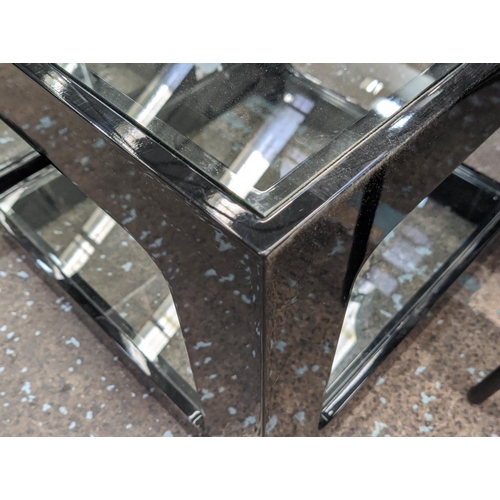 311 - SIDE TABLES, a pair, black lacquered, glass top and under tier, 50cm x 50cm x 42cm. (2)