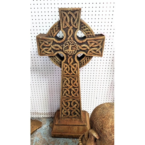 525 - STANDING CELTIC CROSS, composite stone, 83cm H approx.