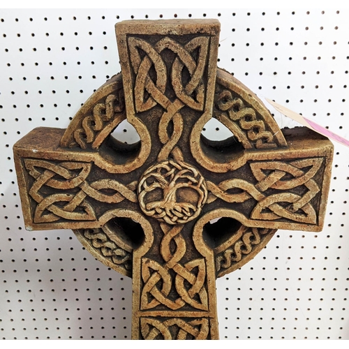 525 - STANDING CELTIC CROSS, composite stone, 83cm H approx.