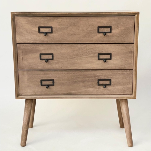 534 - CHEST, 1960s style, bleached with three drawers and splay supports, 66cm W x 32cm D x 75cm H.