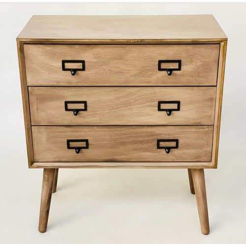 534 - CHEST, 1960s style, bleached with three drawers and splay supports, 66cm W x 32cm D x 75cm H.