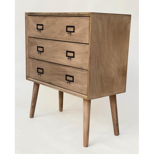 534 - CHEST, 1960s style, bleached with three drawers and splay supports, 66cm W x 32cm D x 75cm H.