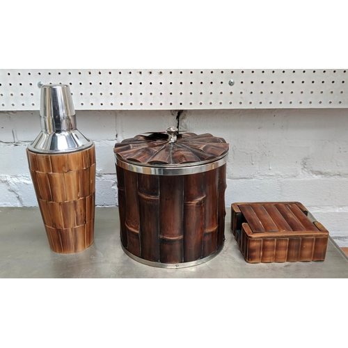 330 - COCKTAIL SET, including shaker, ice bucket, and coasters, 1970s Italian style bamboo detail, 180cm x... 