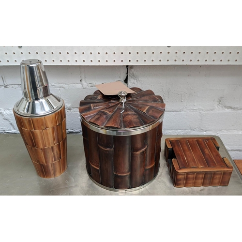 330 - COCKTAIL SET, including shaker, ice bucket, and coasters, 1970s Italian style bamboo detail, 180cm x... 